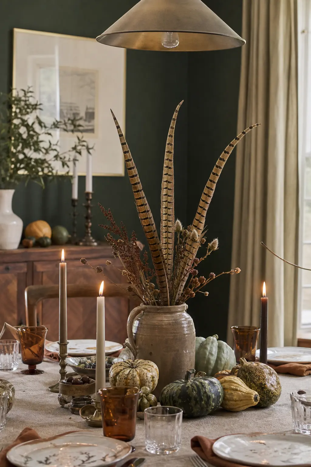 Pheasant Feathers Tucked Into the Arrangement