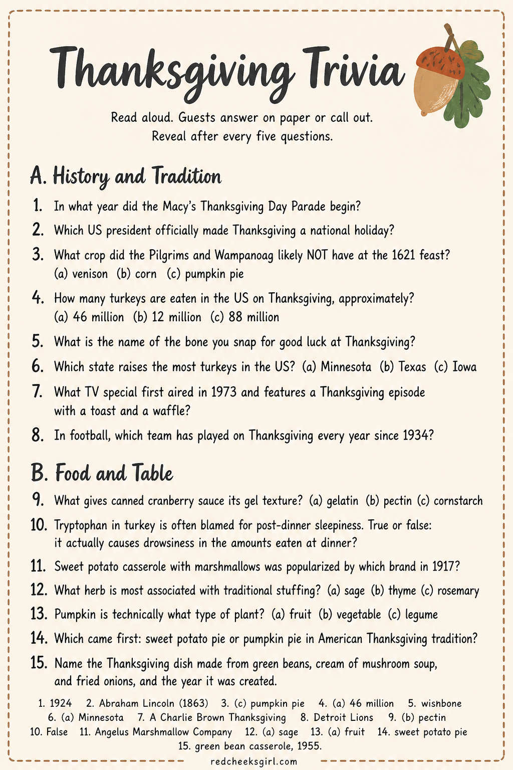 Trivia Read From One Sheet printable