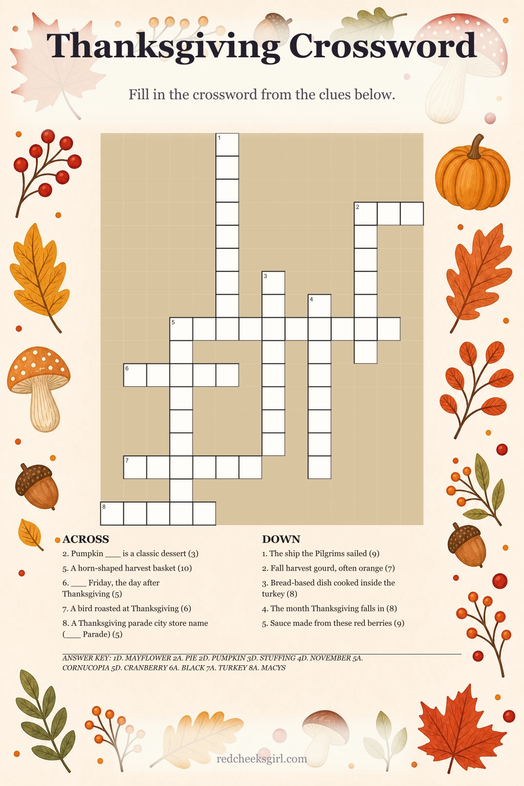 Thanksgiving Crossword printable