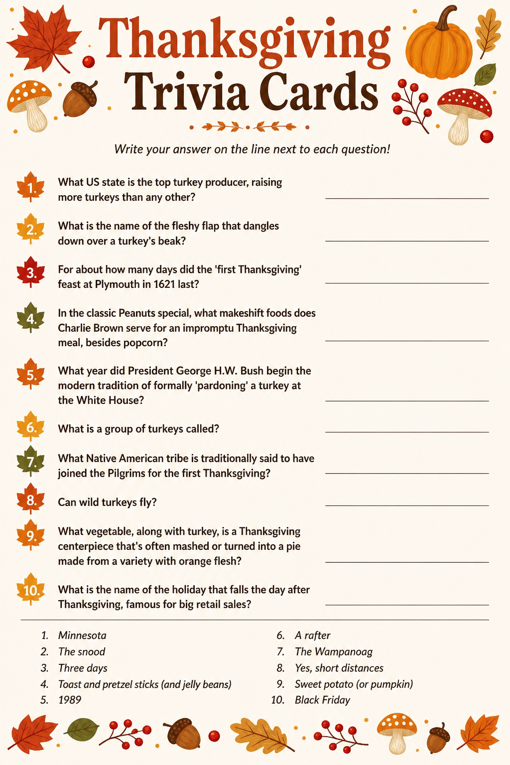 Thanksgiving Trivia Cards printable