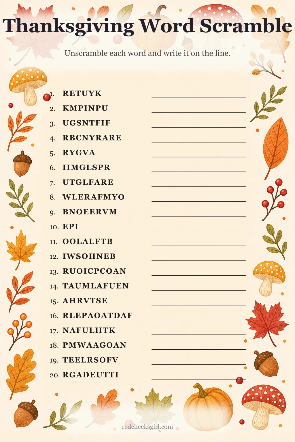 Thanksgiving Word Scramble printable