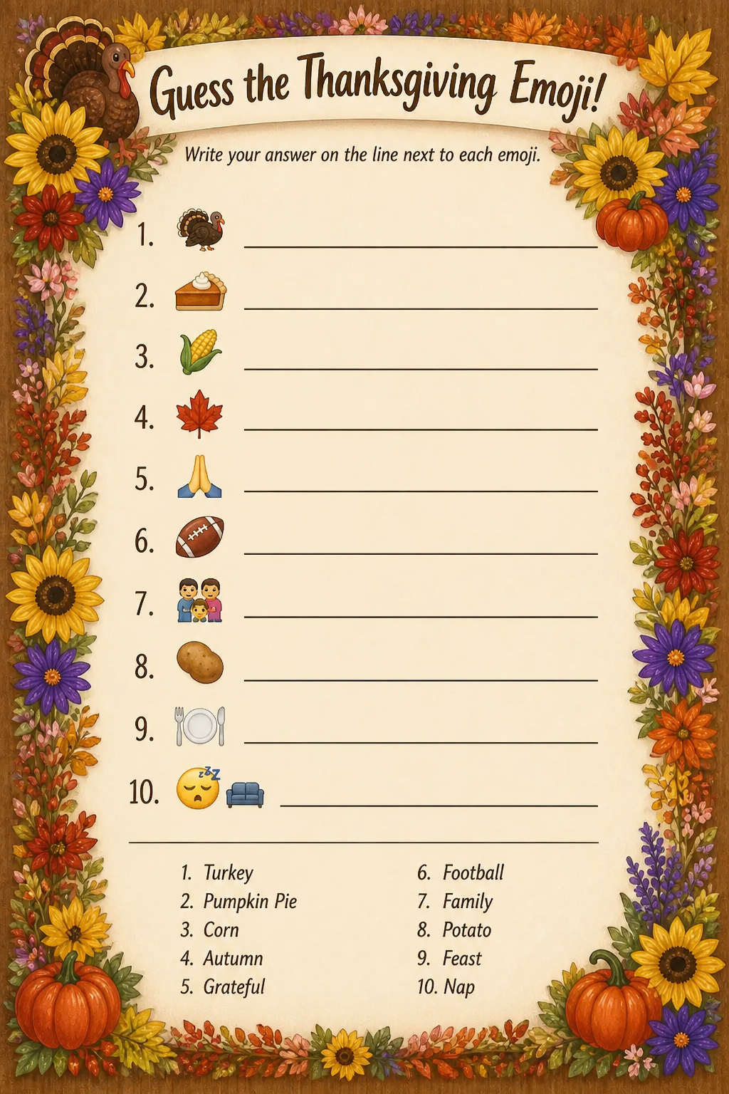 Guess the Thanksgiving Emoji printable