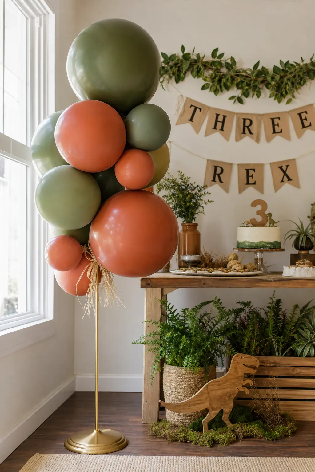 Brass Stand Balloon Cluster — A cluster of oversized round balloons in moss and rust, tied at the base with raffia to a single tall brass stand beside the cake