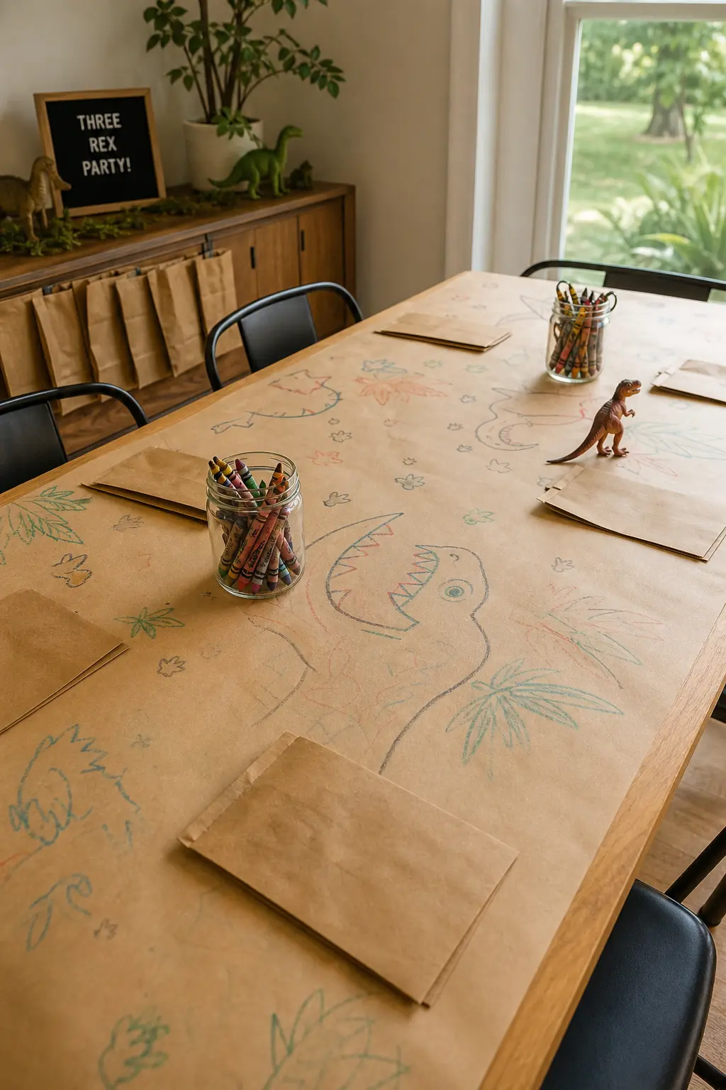 Butcher Paper Drawing Table — A roll of plain butcher paper down the center of the kids table, weighted with a jar of crayons at each end, keeps small hands