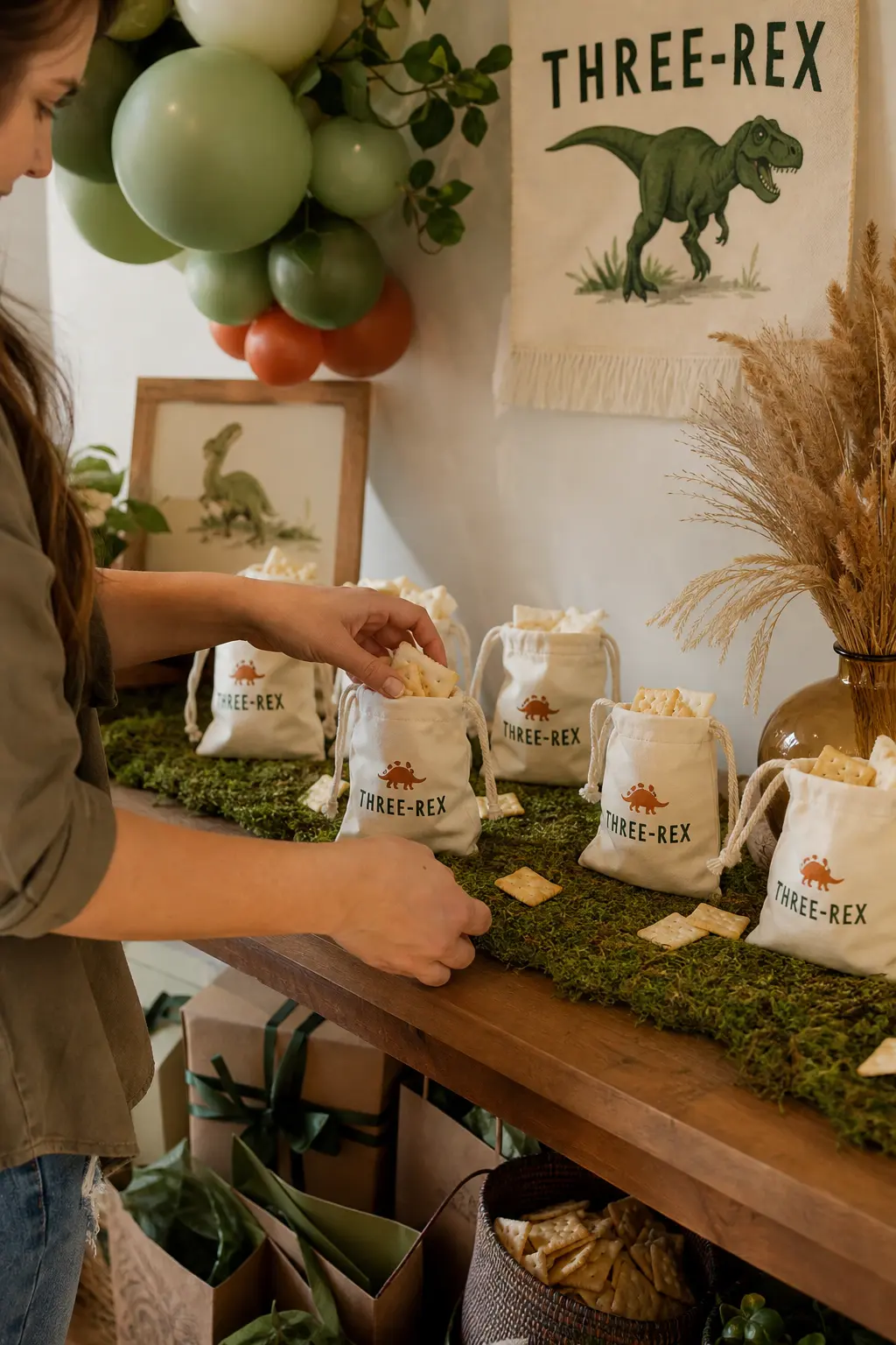 Canvas Pouch Cracker Favors — Small canvas drawstring pouches in cream, filled with dinosaur shaped crackers, lined up along a moss runner give a softer, more