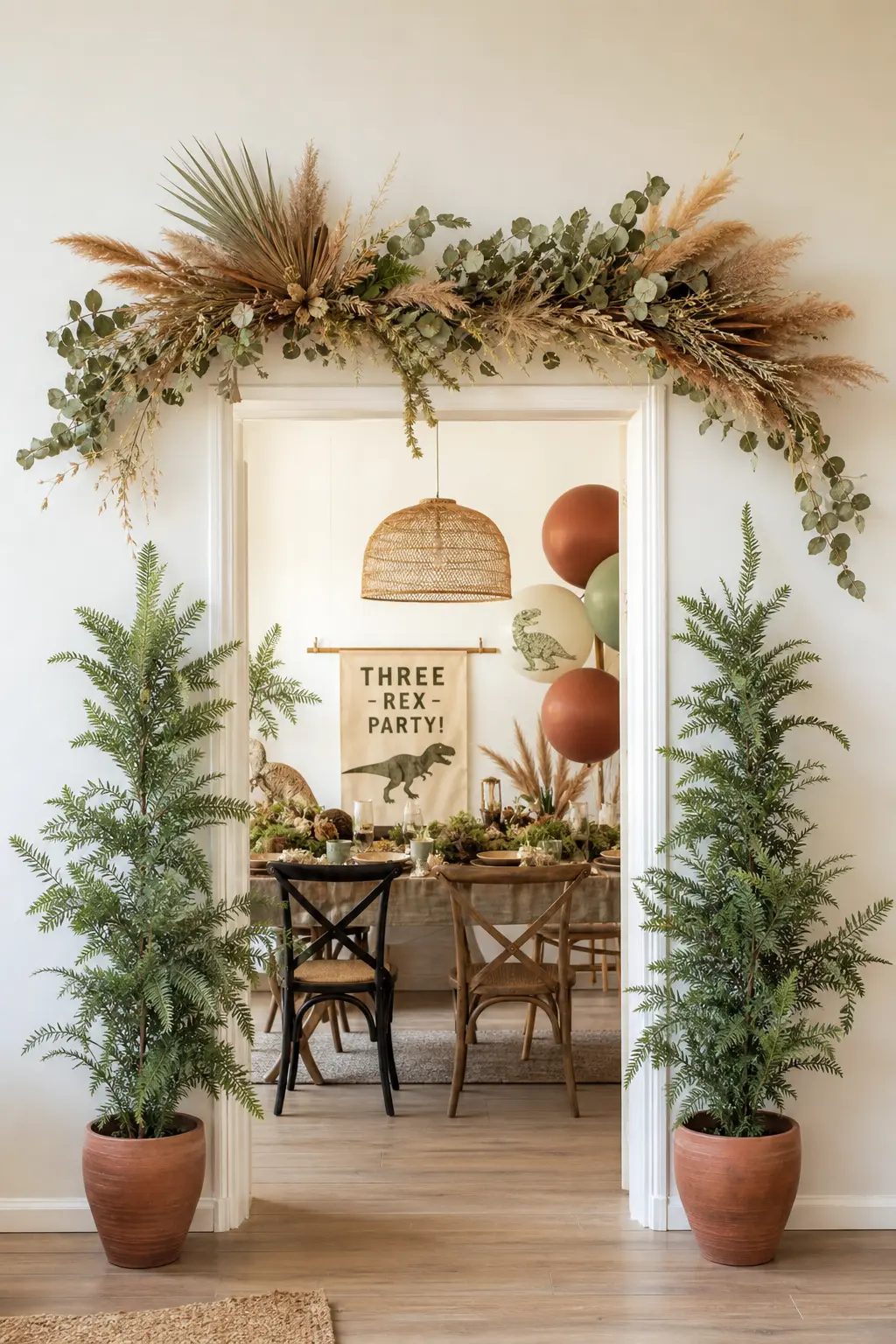 Dried Grass Doorway Swag — Bunches of dried grasses and eucalyptus swagged across a doorway frame, with two tall faux fern plants standing either side, turn an