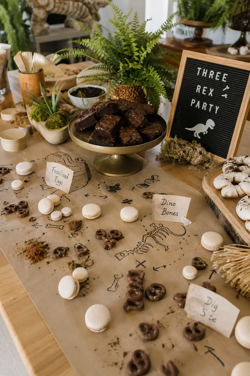 Excavation Style Dessert Spread — A kraft paper table runner scattered with sand colored macarons styled as eggs and chocolate covered pretzels as bones turns