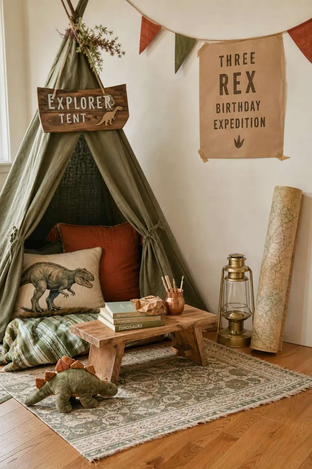 Explorer Tent Reading Corner — A low wooden bench, a vintage style rug and a small brass lantern turn a spare corner into an explorer's tent, with a rolled