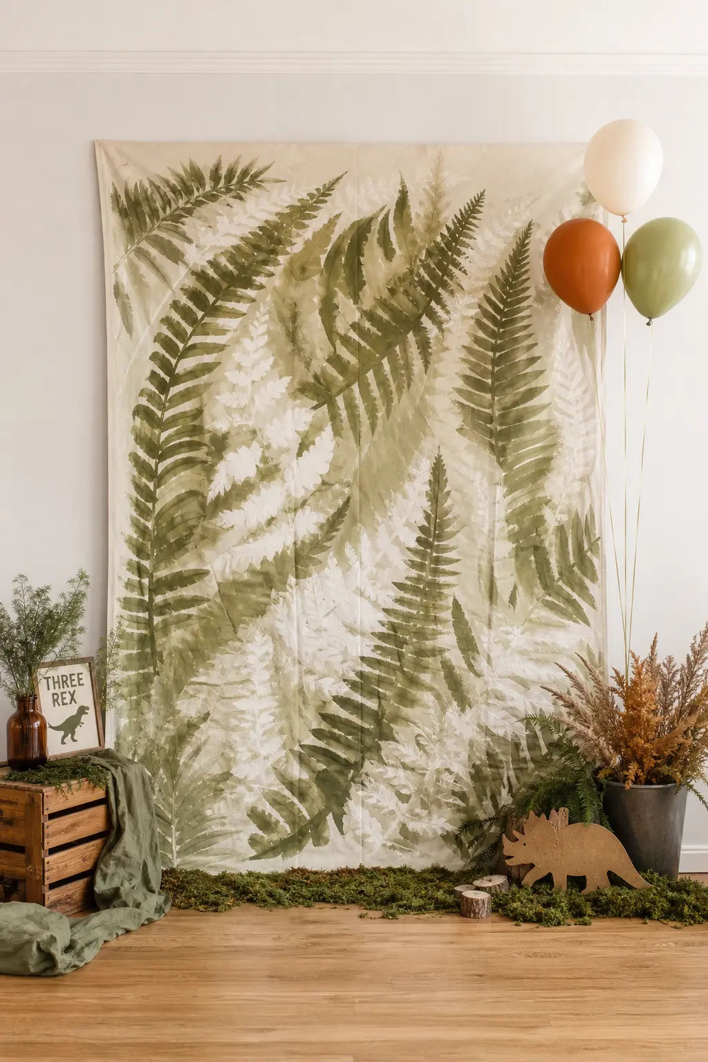 Fern Mural Photo Corner — A canvas drop cloth painted with a soft, loose watercolor fern pattern in olive and cream leans against a wall as an instant mural