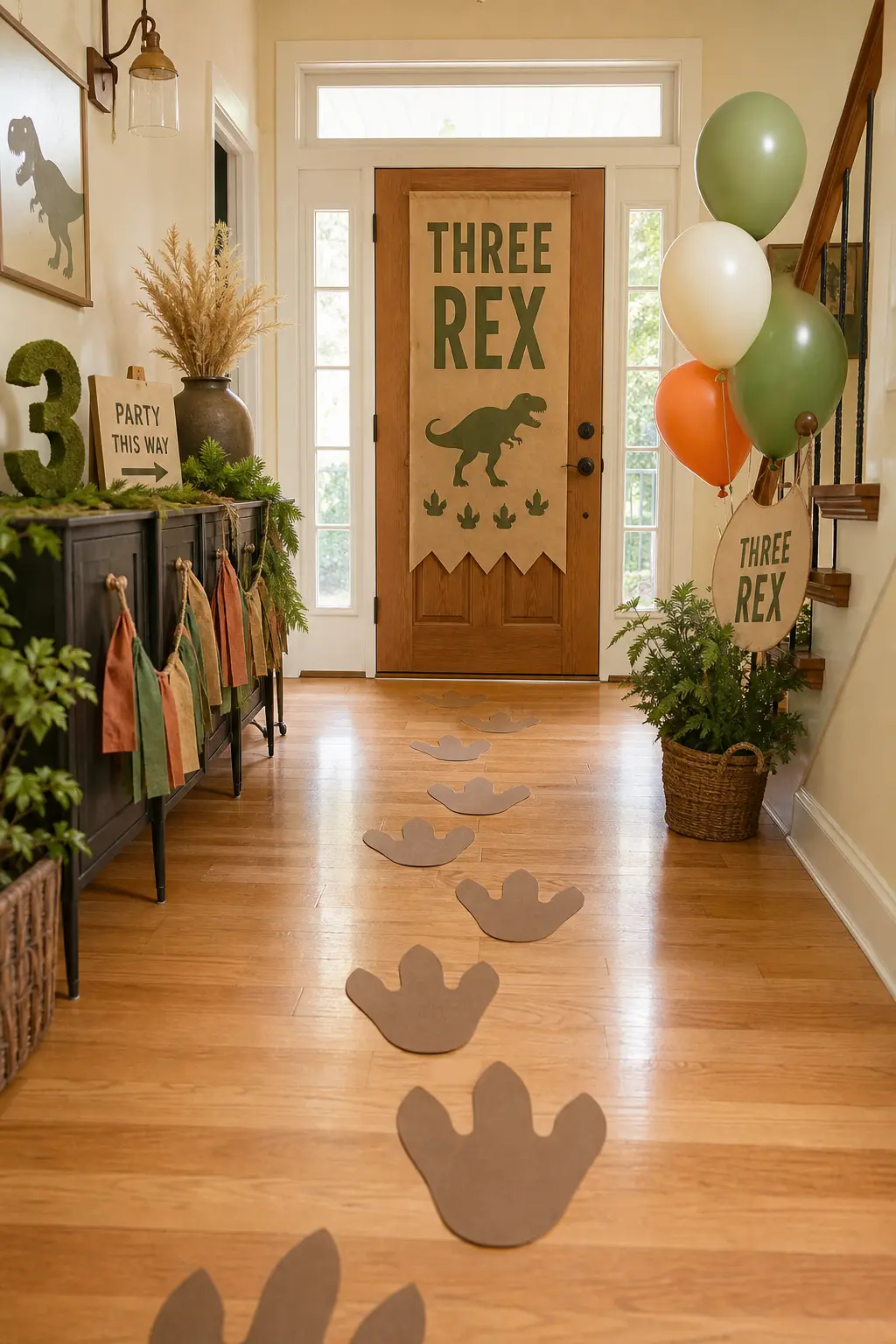 Footprint Path to the Door — Oversized dinosaur footprint cutouts in brown card, taped along the entry path or hallway, give small guests something fun to