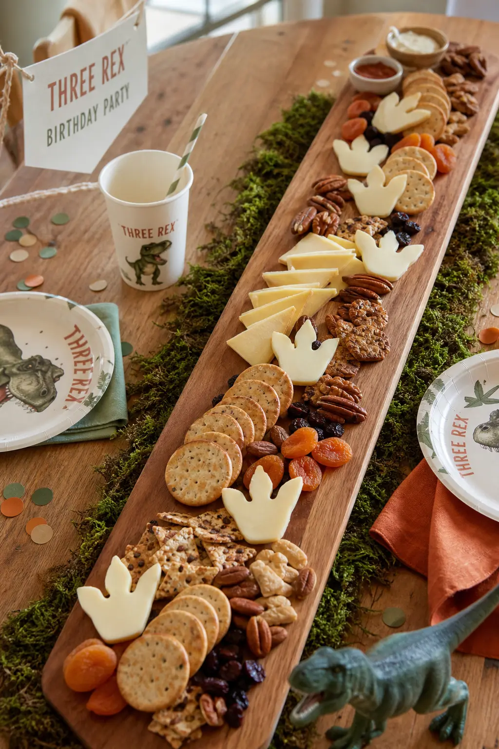 Footprint Trail Grazing Board — Cheese, crackers, grapes and dried apricots arranged along a wooden board in a loose footprint pattern gives the savory side of