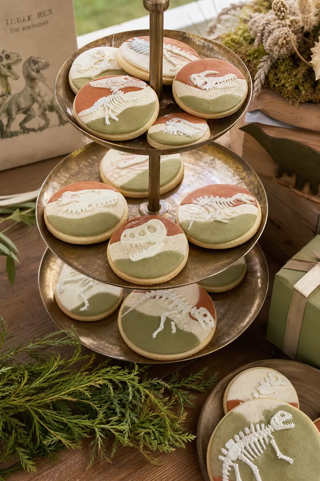 Fossil Layer Cookie Stack — A brass tiered stand holds round shortbread cookies iced in bands of cream, rust and olive to look like rock strata, with a tiny