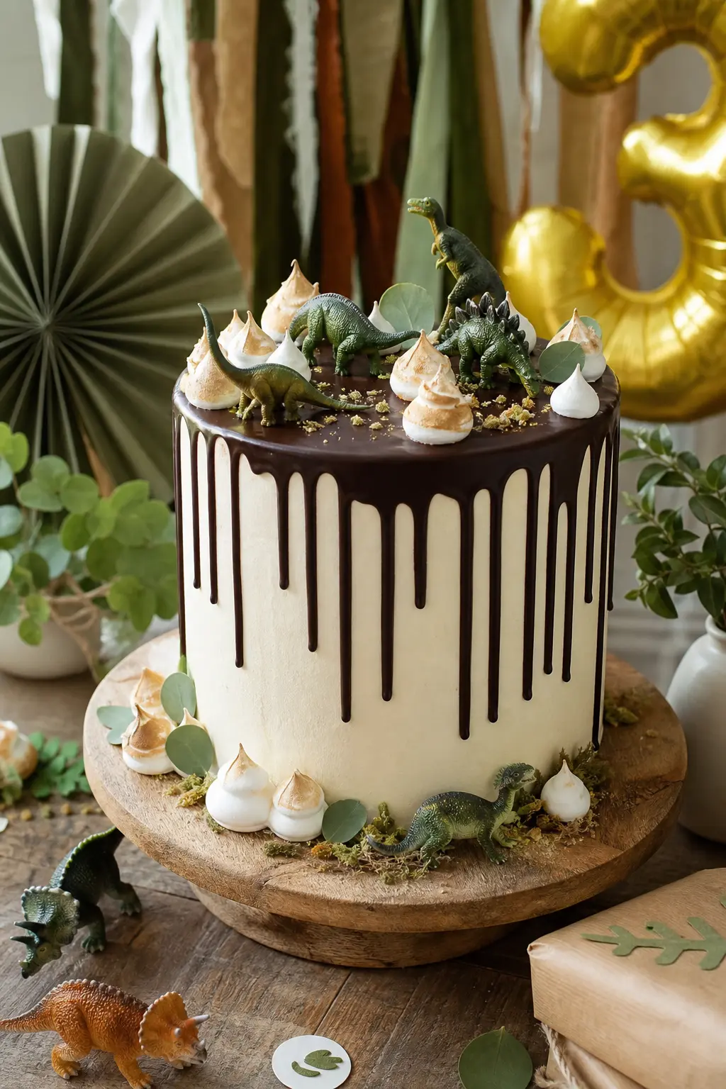 Ganache Drip Cake With Grazing Dinosaurs — A tall white cake with a dark chocolate drip and a scatter of small toy dinosaurs grazing across the top reads as