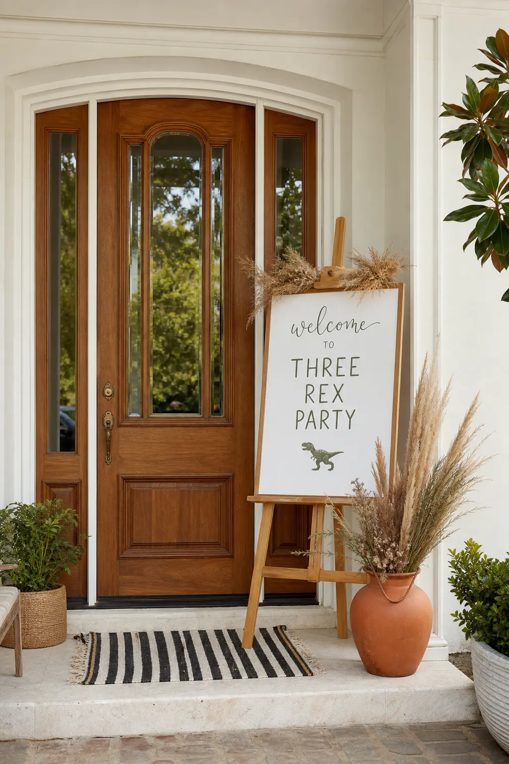 Hand Lettered Welcome Easel — A wooden easel propped just outside the front door with a simple hand lettered welcome sign, framed by dried grasses in a low