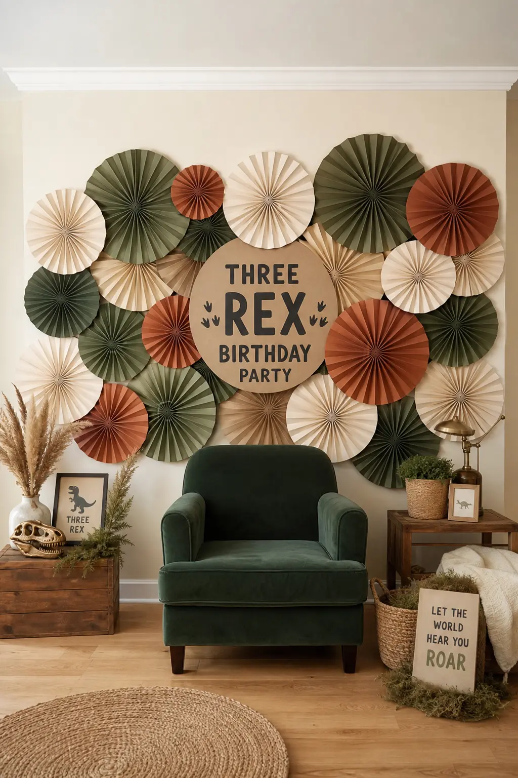 Kraft Fan Backdrop and Velvet Chair — Overlapping paper fans in olive, rust and cream cover a wall behind a single deep green velvet armchair, giving the