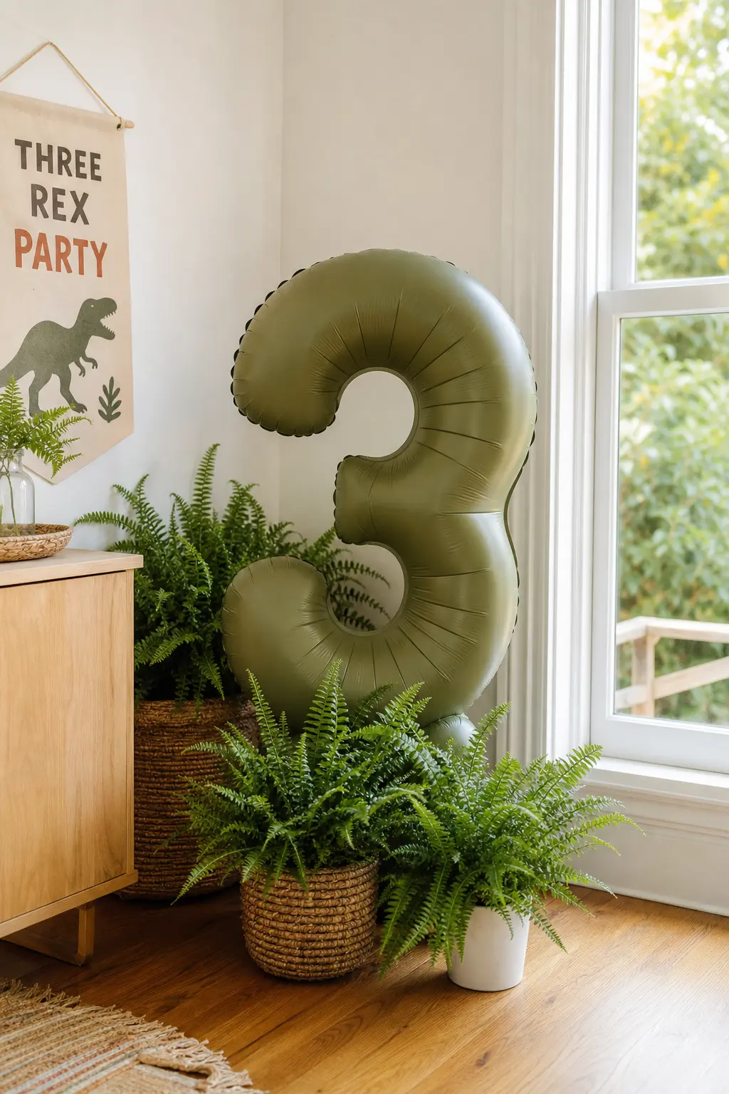 Matte Olive Number Balloon Corner — A single matte olive foil number three, freestanding in a quiet corner and surrounded by a few potted ferns, works as a