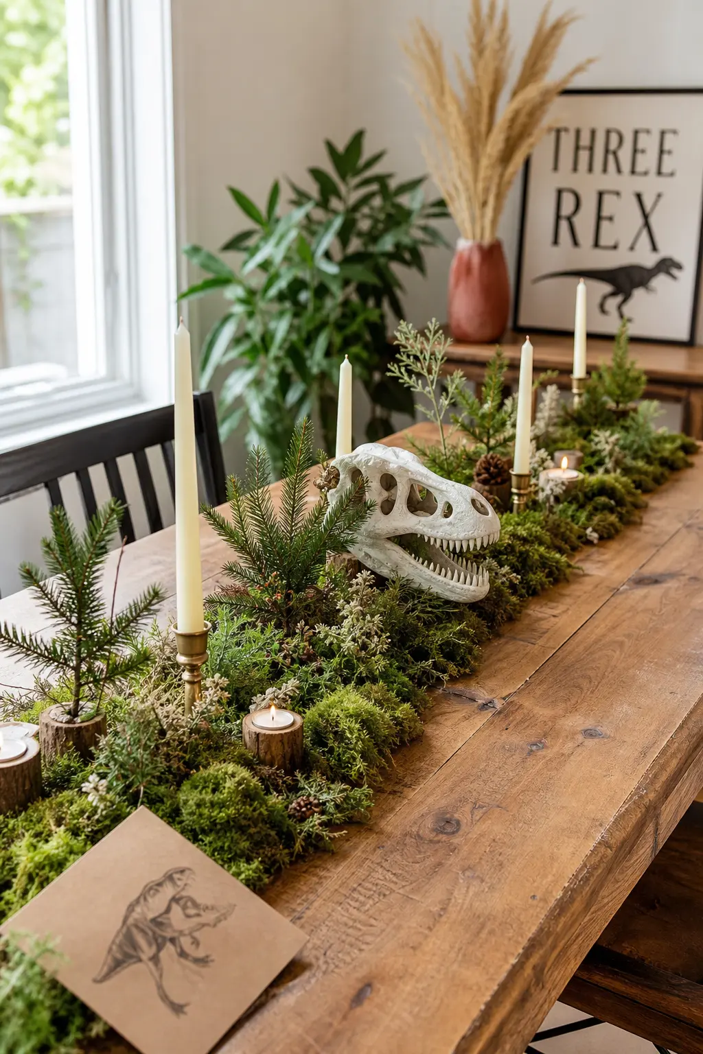 Moss and Branch Forest Runner — A long strip of moss down the center of the table, studded with small pine sprigs, cream taper candles and a couple of resin