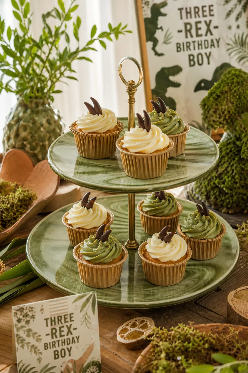 Moss Green Swirl Cupcake Stand — A tiered stand of cupcakes iced in soft cream and moss green swirls, each topped with a single small chocolate claw shape