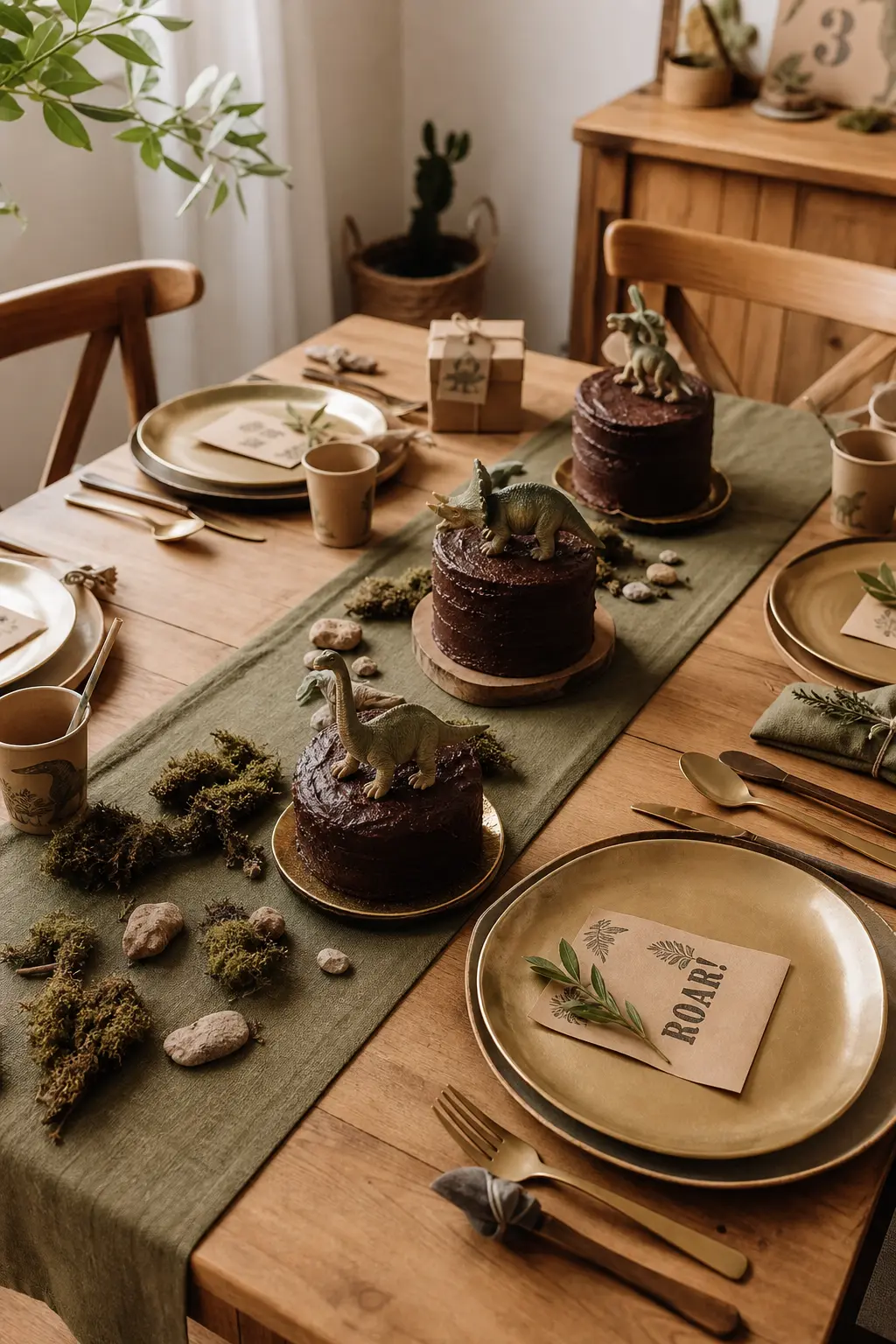 Olive Runner and Brass Place Settings — A long olive green table runner under brass chargers and cutlery, with a row of individual mini chocolate cakes each