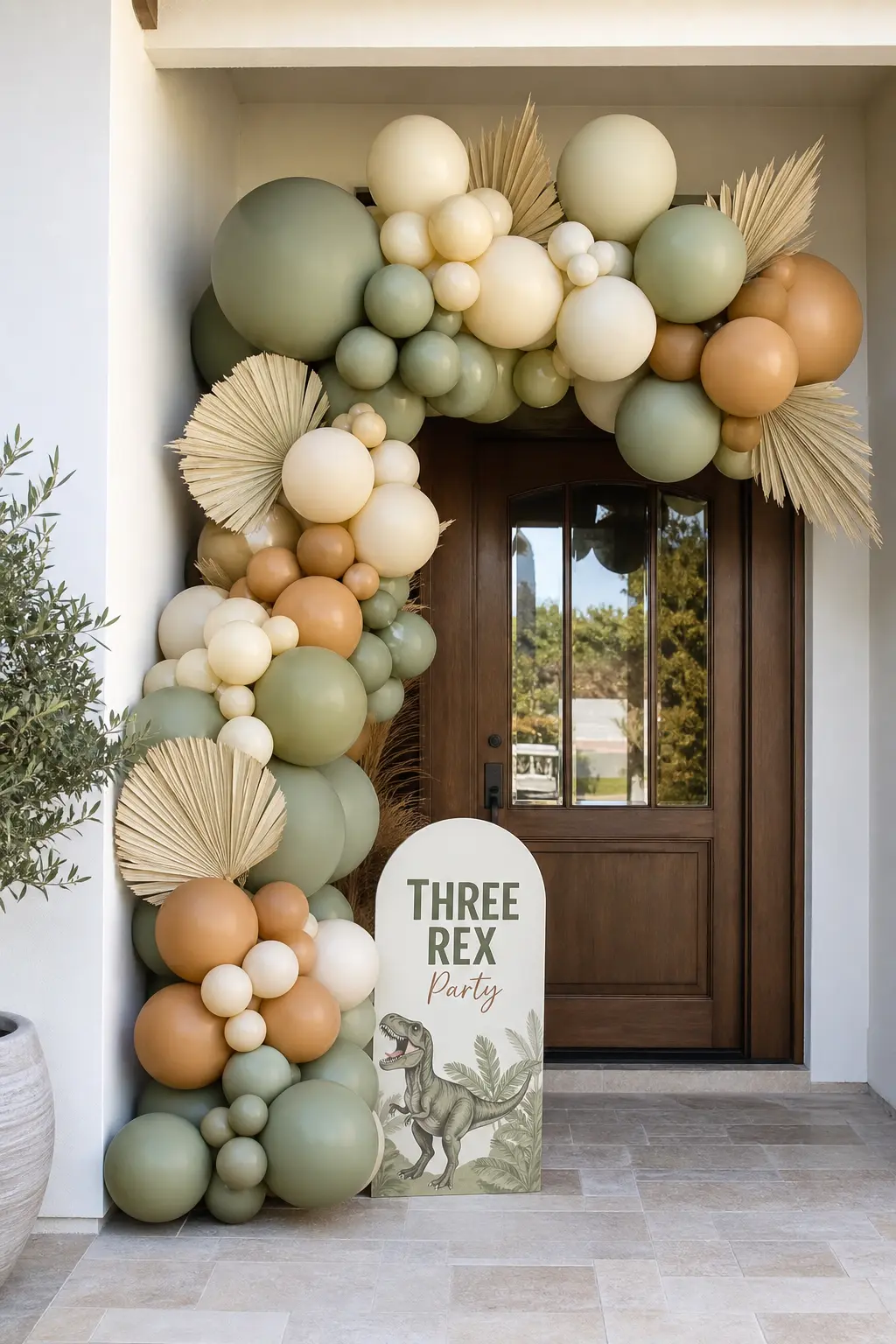 Organic Foliage Balloon Garland — An organic, uneven balloon garland in sage, olive, caramel and cream, with real dried palm fronds tucked between the