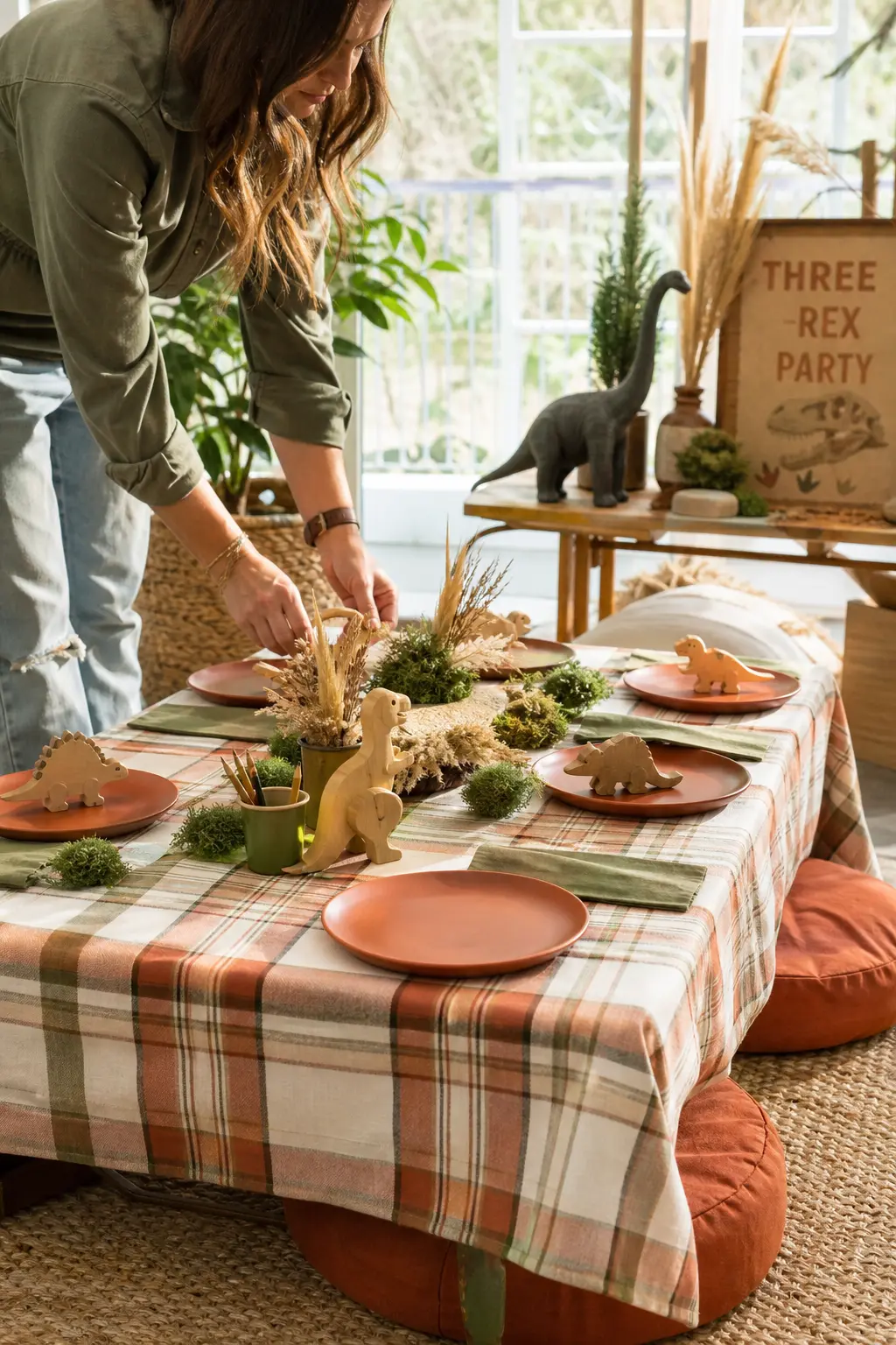 Plaid Picnic Kids Table — A low kids table dressed in a soft plaid cloth in cream, rust and olive, set with terracotta plates and small wooden dinosaur figures