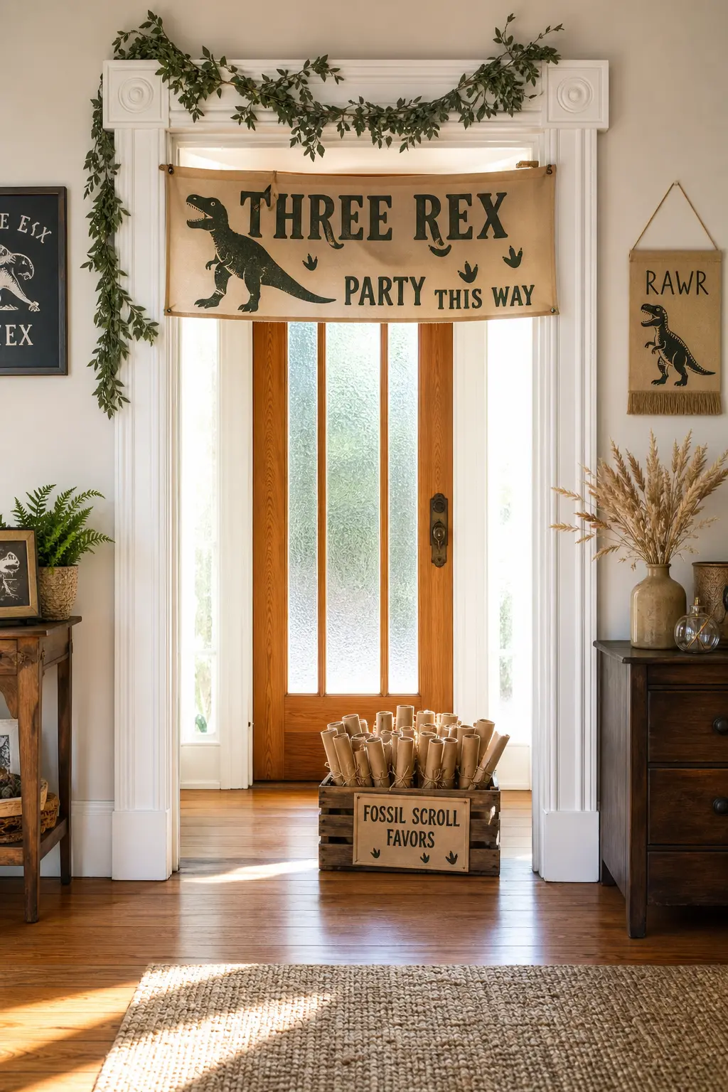 Rolled Fossil Scroll Favors — Rolled brown paper scrolls, tied with raffia and printed with a simple thank you message, sit upright in a wooden crate near the