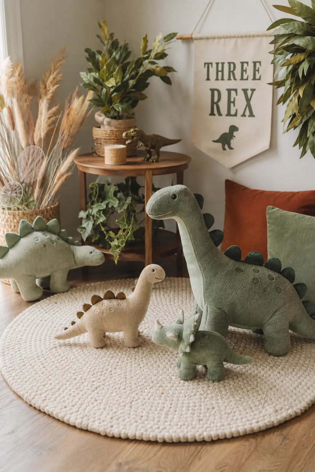 Round Rug Photo Nook With Toy Dinosaurs — A round cream rug on a wood floor, scattered with a few oversized soft toy dinosaurs in sage and sand tones, gives
