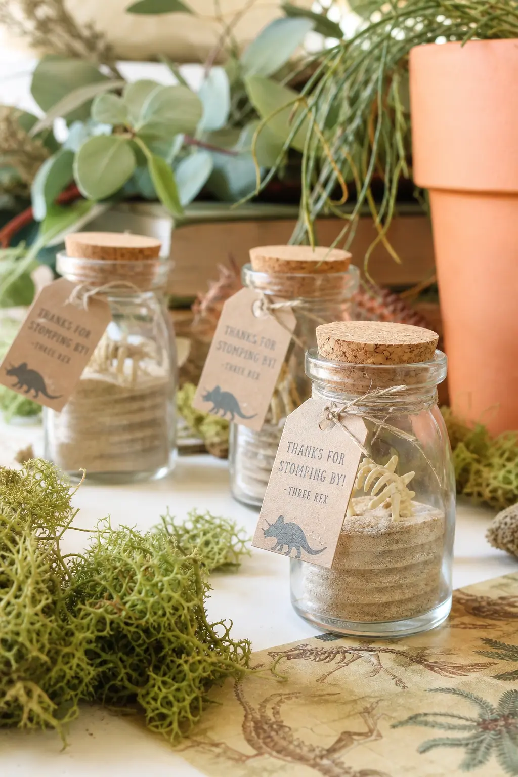Sand Jar Fossil Favors — Small corked glass jars layered with sand and one tiny toy dinosaur skeleton, each labeled with a simple paper tag, make a favor that