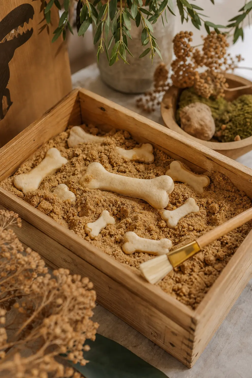 Sandy Excavation Crate — A shallow wooden crate filled with brown sugar and crushed graham cracker stands in for a dig site, with white chocolate bone shaped