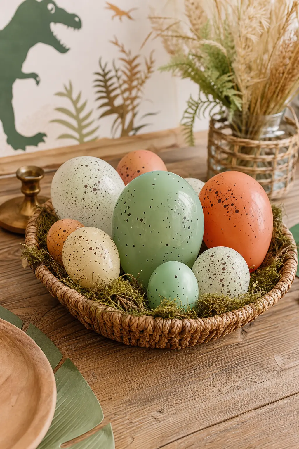 Speckled Egg Balloon Basket — Small round balloons in speckled pastel tones, nested inside a shallow basket lined with dried moss, sit low on the main table as