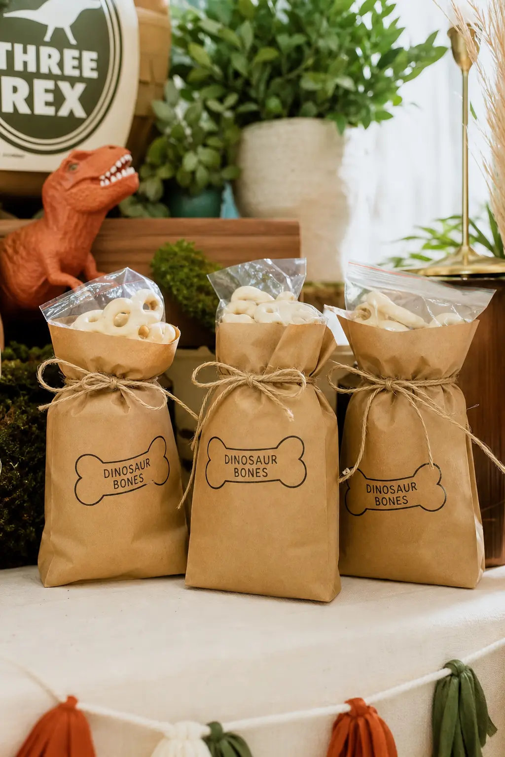 Stamped Dinosaur Bones Favor Bags — Small kraft paper bags stamped with a simple dinosaur bones label, filled with white chocolate covered pretzels and tied