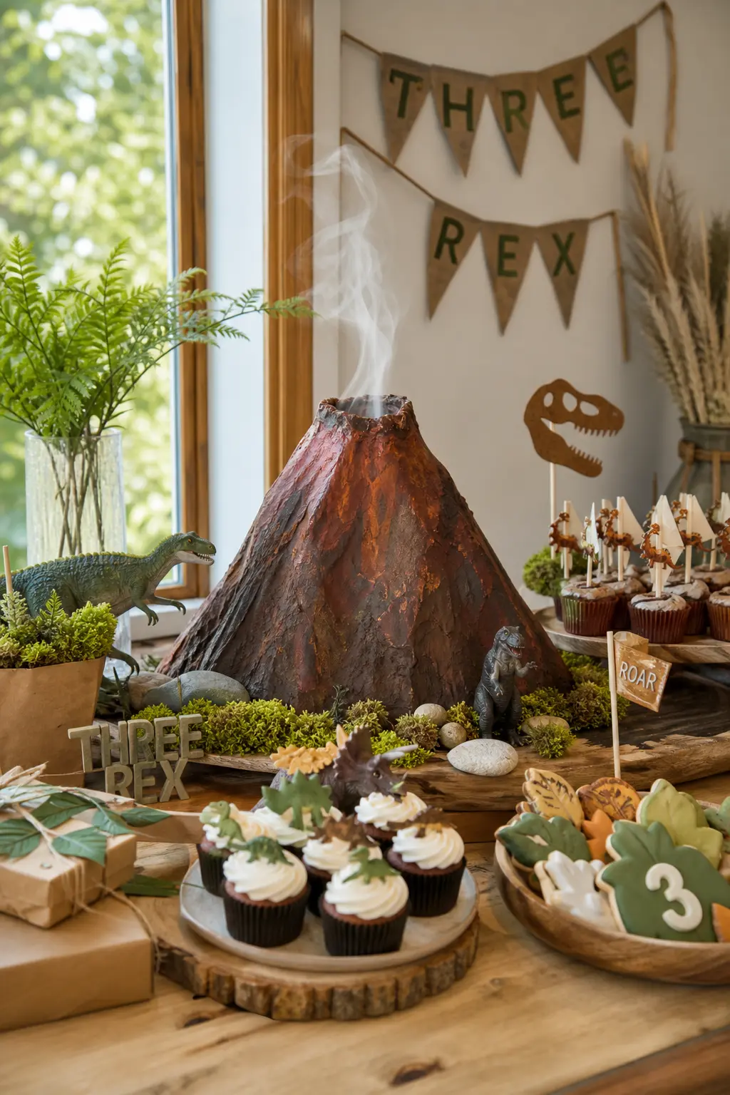 Tabletop Volcano With Smoke — A papier mache volcano in muted rust and brown, painted with a soft orange glow at the crater, sits at the center of the dessert