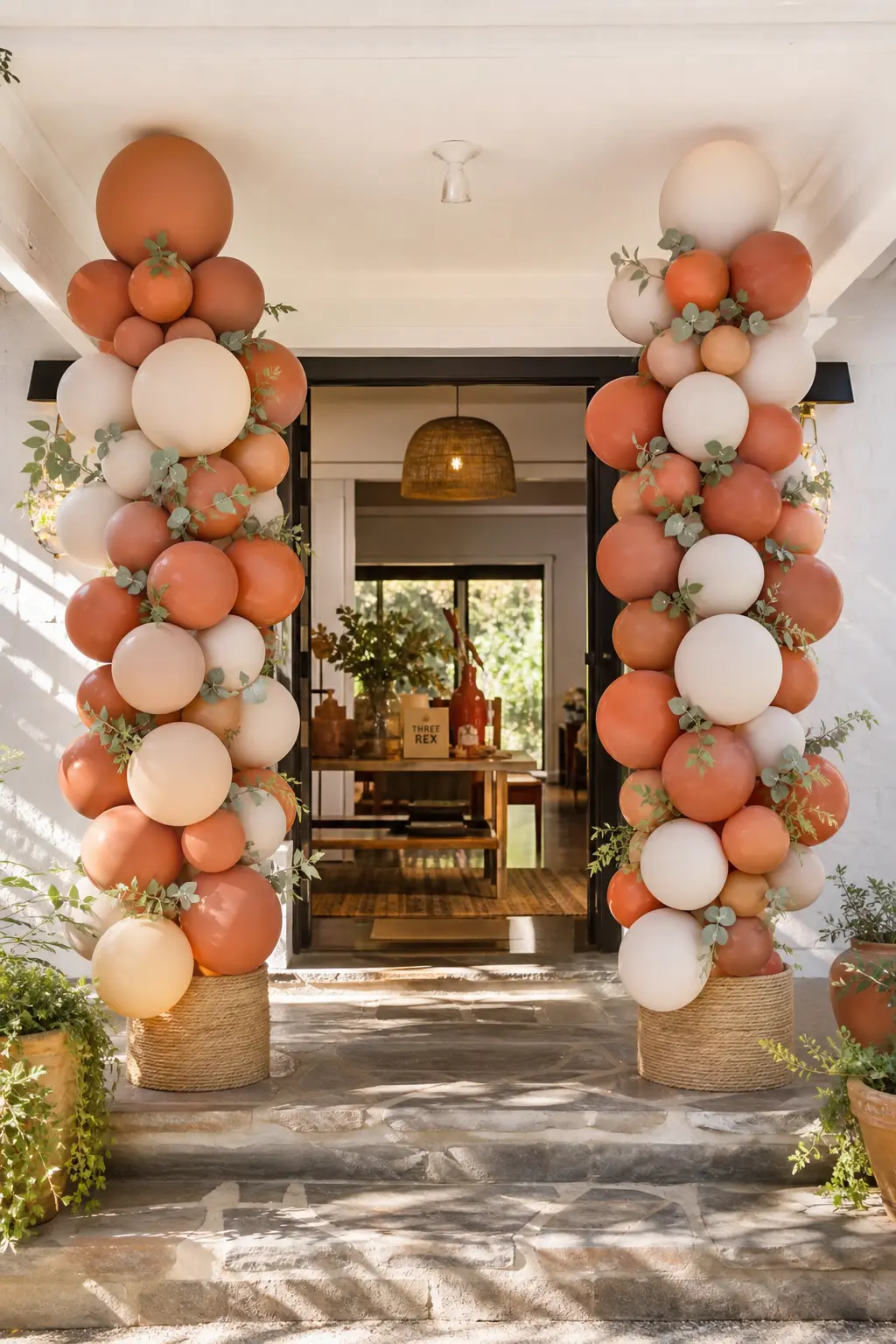Terracotta and Cream Entrance Columns — Two balloon columns in terracotta and cream, wrapped at the base with jute rope, flank the entrance without needing an