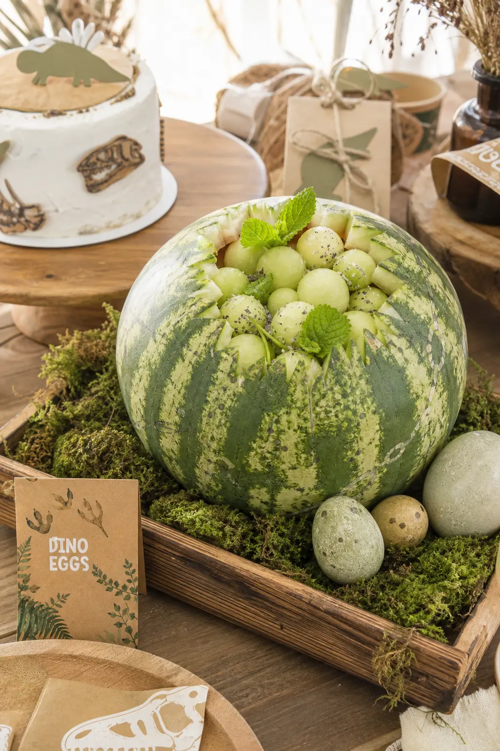 Watermelon Dino Egg Nest — A hollowed half watermelon filled with pale speckled melon balls and fresh mint sprigs makes a genuinely fresh, no bake centerpiece.