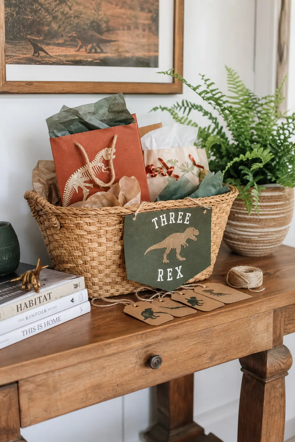 Woven Basket Gift Table — A large woven basket set on a small entry table, with kraft gift tags and one potted fern nearby, gives arriving guests an obvious