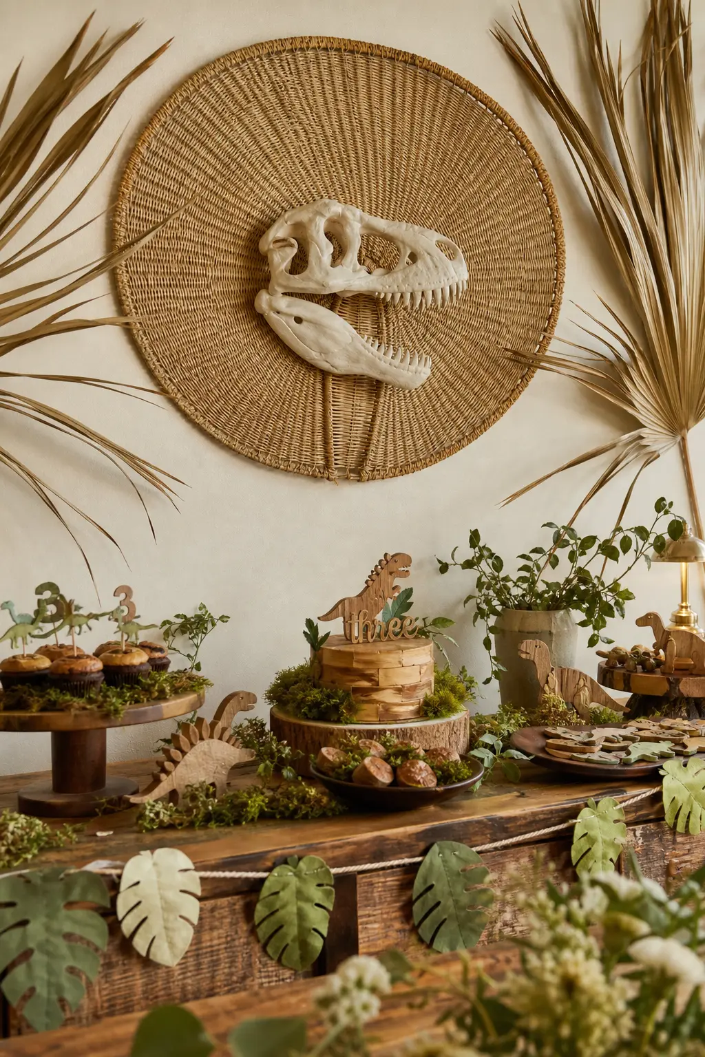 Woven Fan Wall With Skull Mount — A large woven rattan fan hung on a plain cream wall, flanked by dried palm fronds and a single mounted resin dinosaur skull