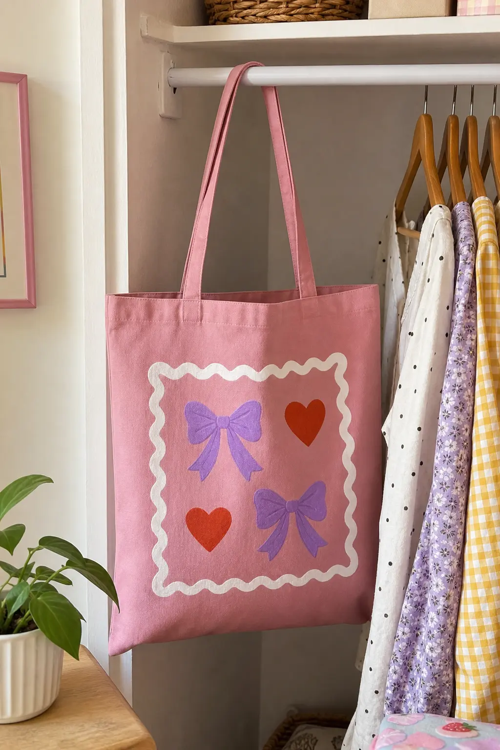 Bow And Heart Stamp Tote — Two lilac bows and two rust orange hearts, scattered loosely inside a scalloped square frame on a dusty pink canvas base. Tote bag
