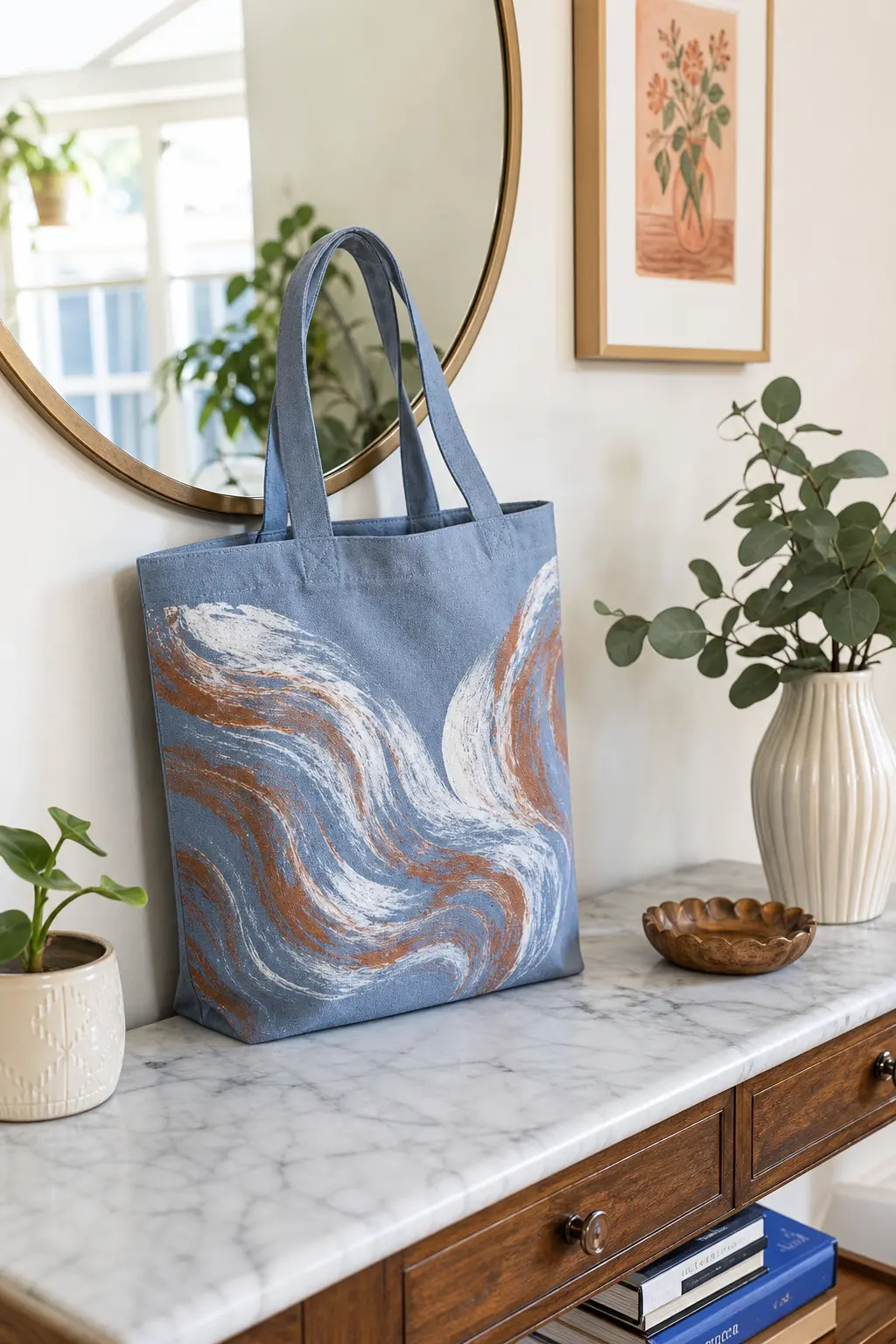 Brushed Marble Swirl Tote — Rust and white fabric paint get dabbed onto a dusty blue canvas base and dragged together with a dry brush in loose, overlapping