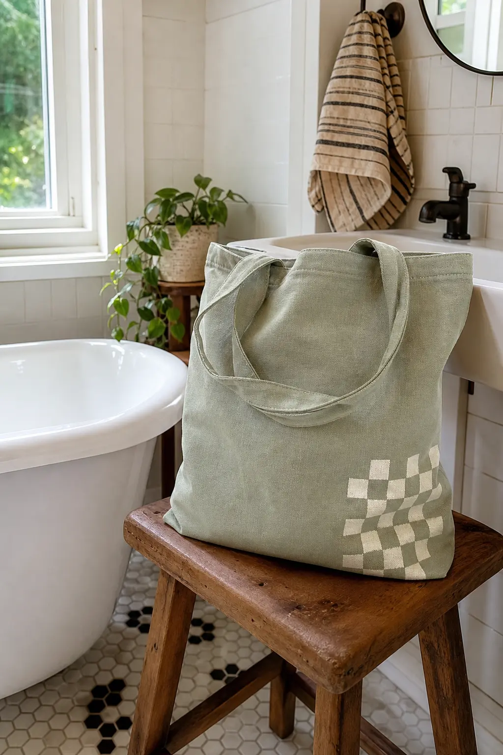 Checkerboard Corner Tote — Painter's tape blocks off a small grid of squares in one bottom corner of a sage green canvas bag, alternating cream and bare canvas