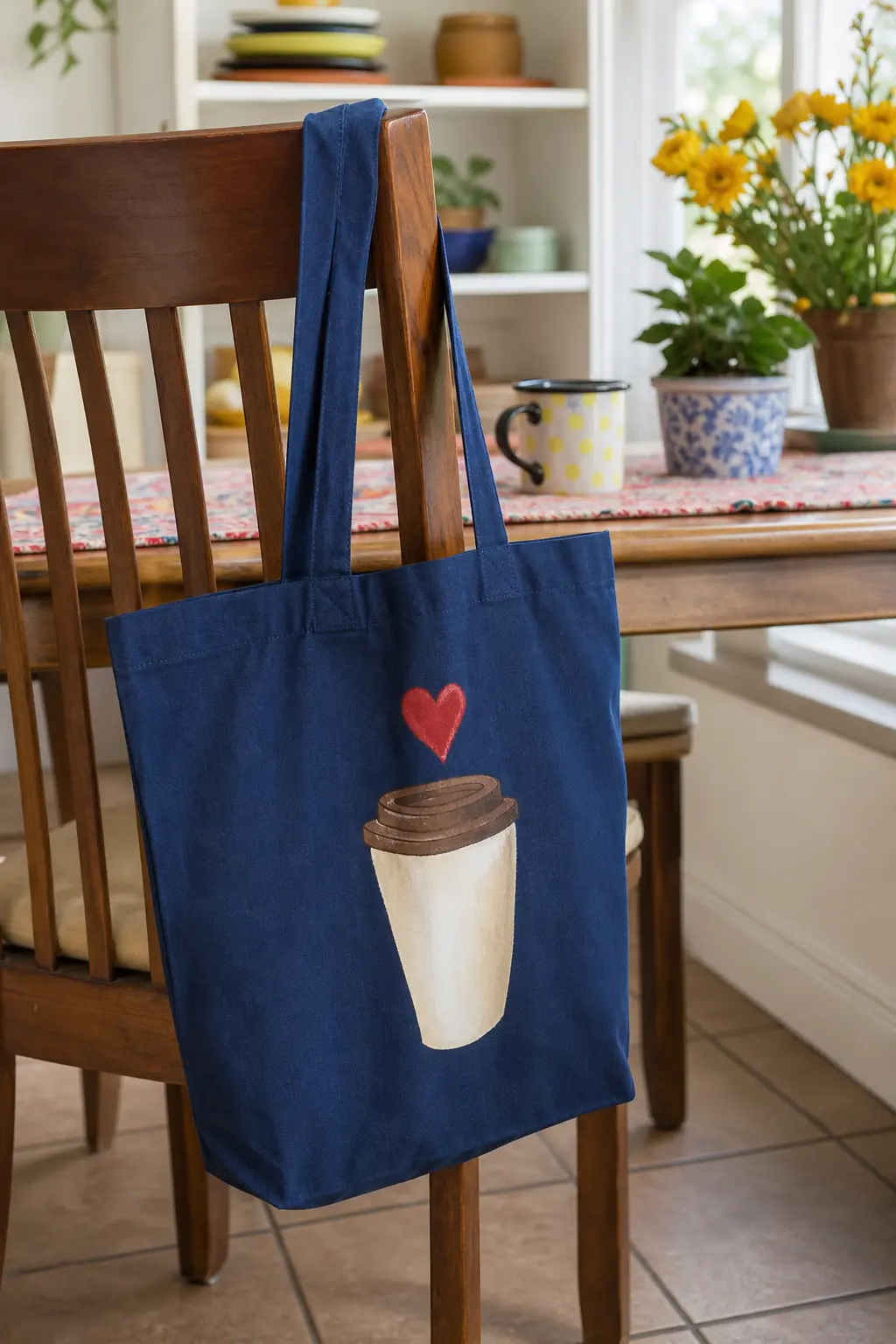 Cheerful Coffee Cup Tote — A simple to-go cup shape in cream, a brown lid, and one red heart floating in a puff of steam above it makes a design that reads