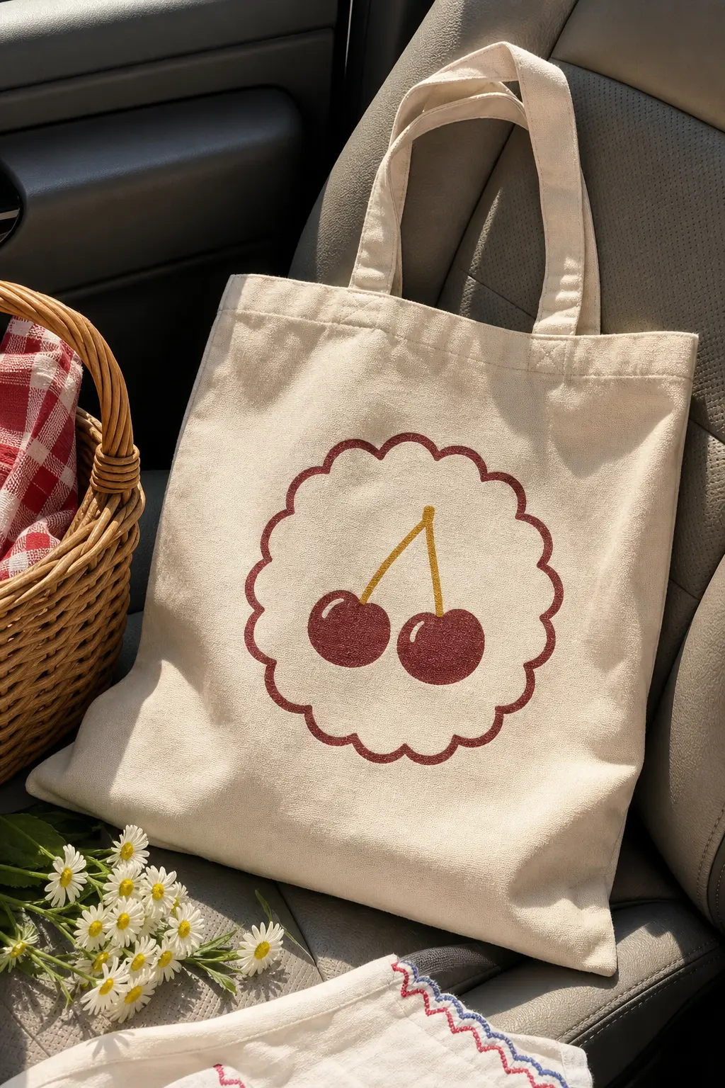 Cherry Orchard Stamp Tote — A pair of burgundy cherries on a curved mustard yellow stem sits inside a scalloped circle frame, the two colours chosen