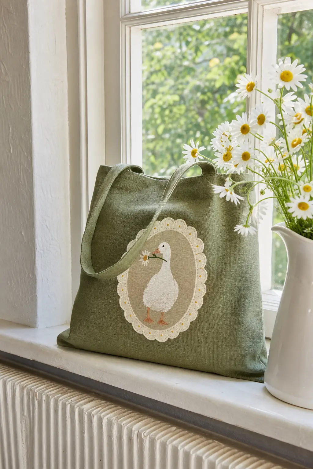 Duck And Daisy Stamp Tote — An oval scalloped frame holds a simple white duck in profile, a small yellow daisy held in its beak. Tote bag painting ideas easy
