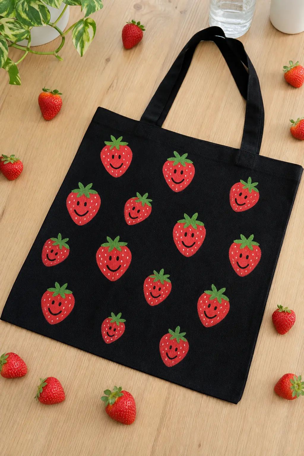 Grinning Strawberry Patch Tote — Three or four small strawberries scattered across a black canvas base look punchy rather than cute, especially with the seeds