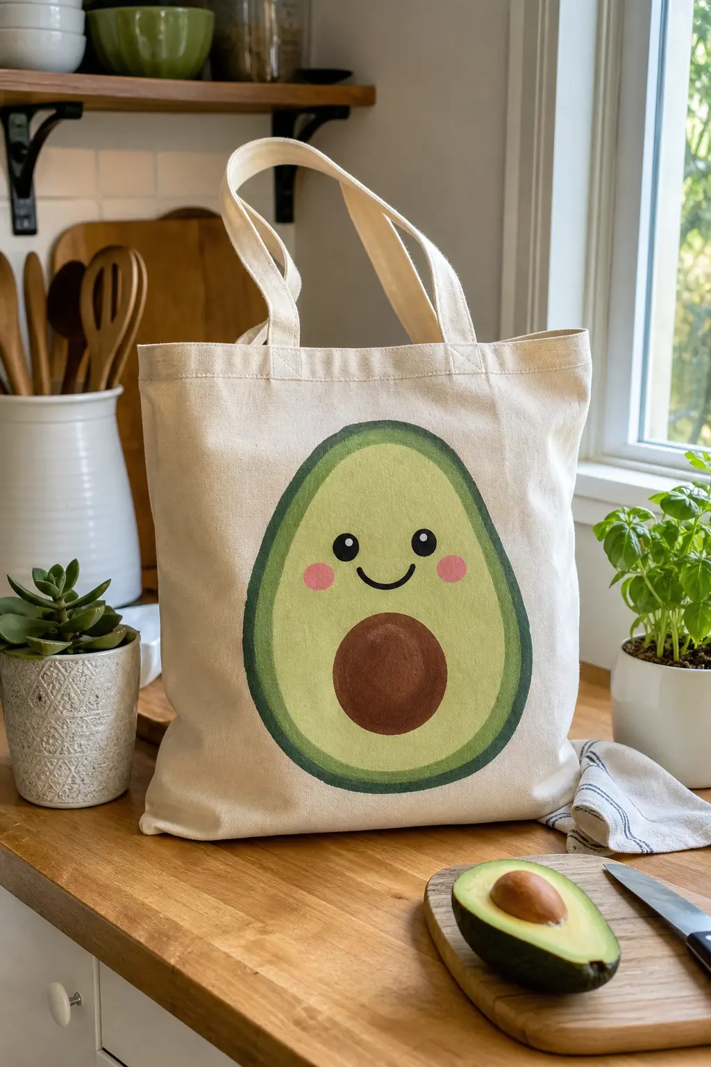 Happy Avocado Half Tote — Paint the pale green flesh first, add the darker green skin edge, then a round brown pit with a curved smile underneath it. Tote bag