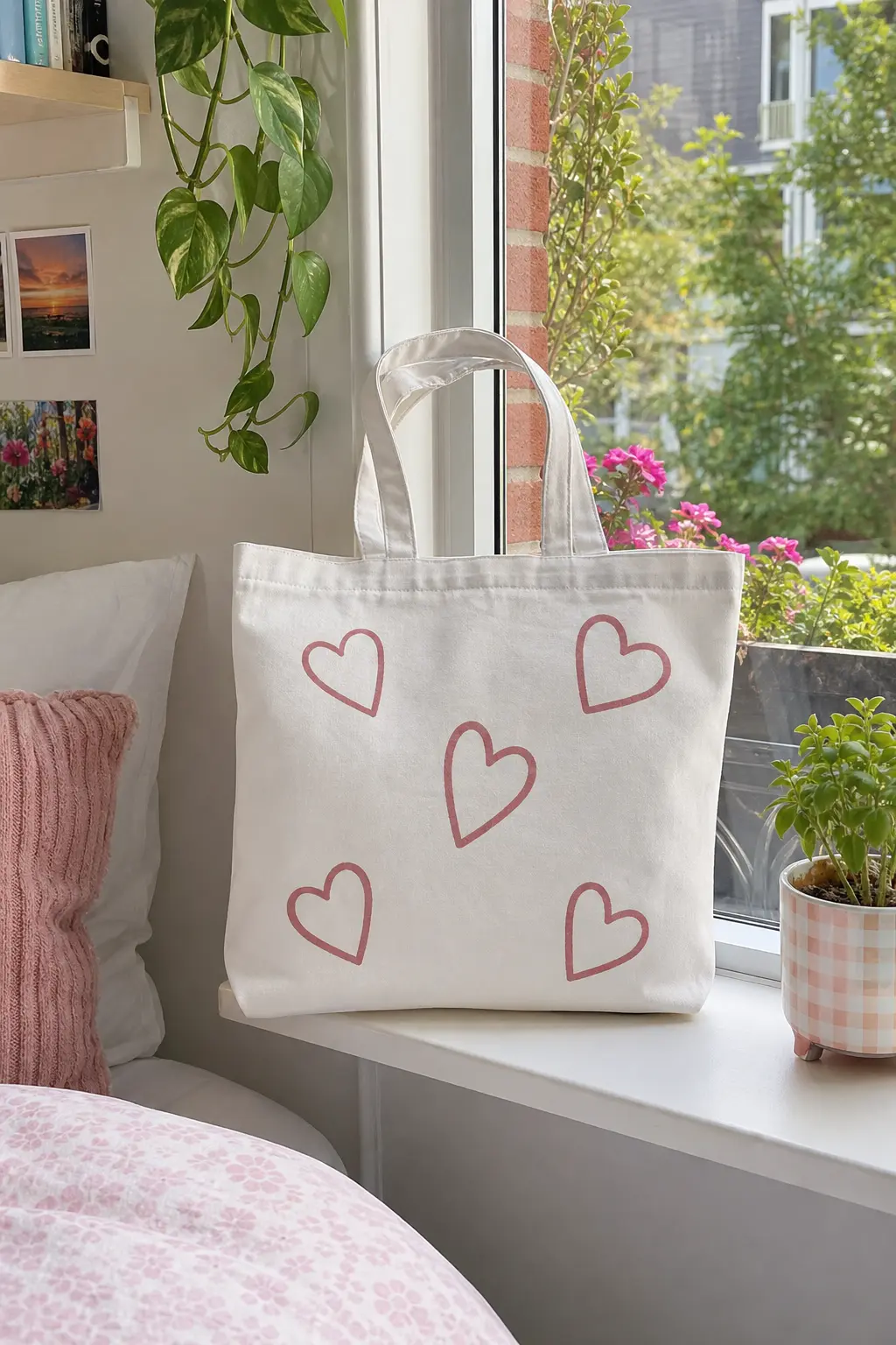 Heart Outline Scatter Tote — Five or six simple heart outlines, never filled in, scatter loosely across a white canvas bag in dusty rose fabric paint. Tote bag