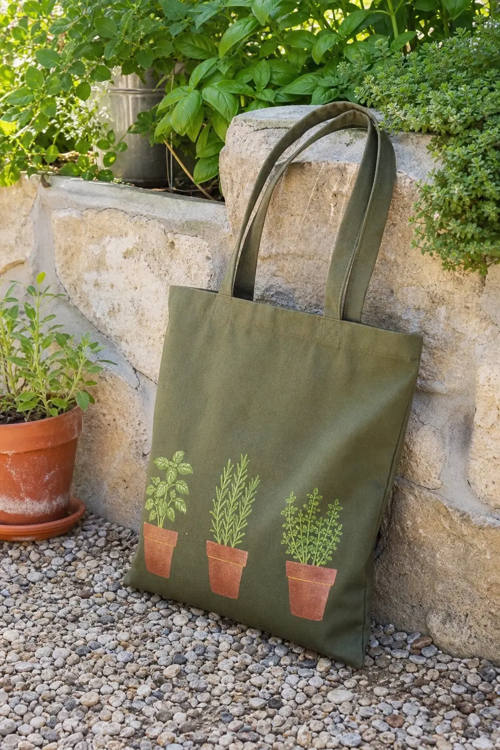 Herb Garden Row Tote — Three small terracotta pots, each holding a different simple herb silhouette in two shades of green, line up along the bottom edge of an