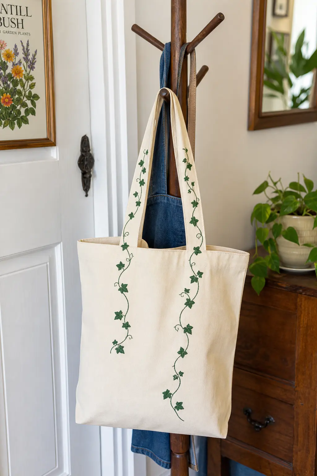 Ivy Trail Handle Tote — A thin deep green vine, painted freehand, winds up and around both handles of a cream canvas tote with small leaf shapes branching off