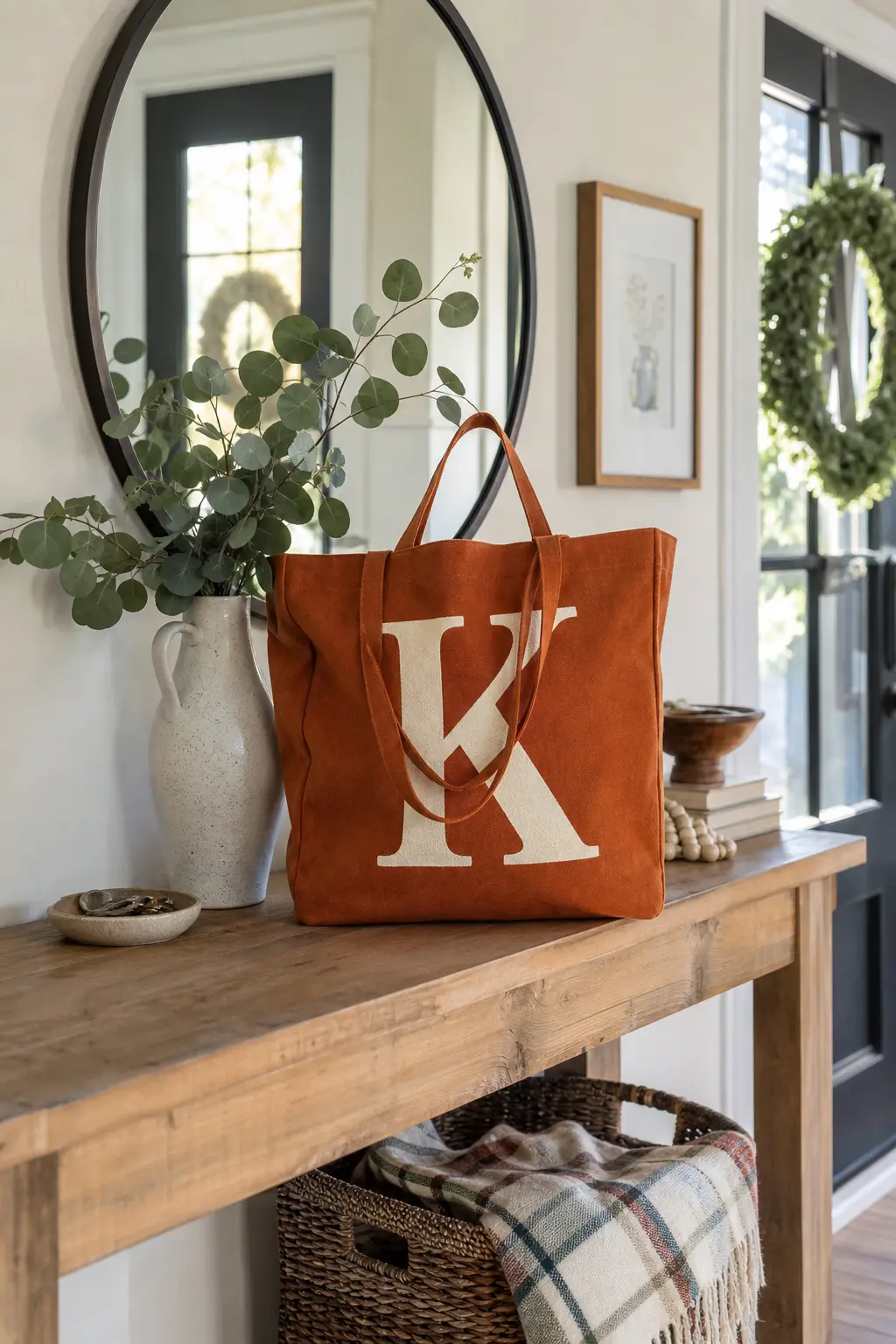 Monogram Letter Tote — One large capital letter, filled solid in cream fabric paint against a rust canvas bag, sits centred and slightly oversized. Tote bag