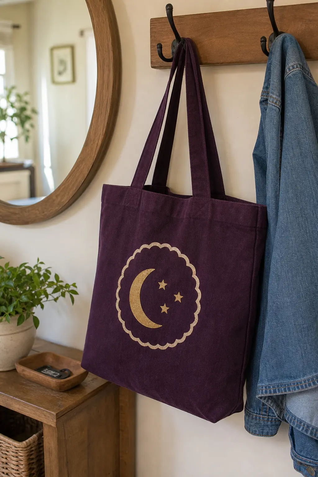 Moon And Stars Stamp Tote — A plum canvas bag holds a scalloped circle frame filled with a simple crescent moon in gold and three small gold stars scattered
