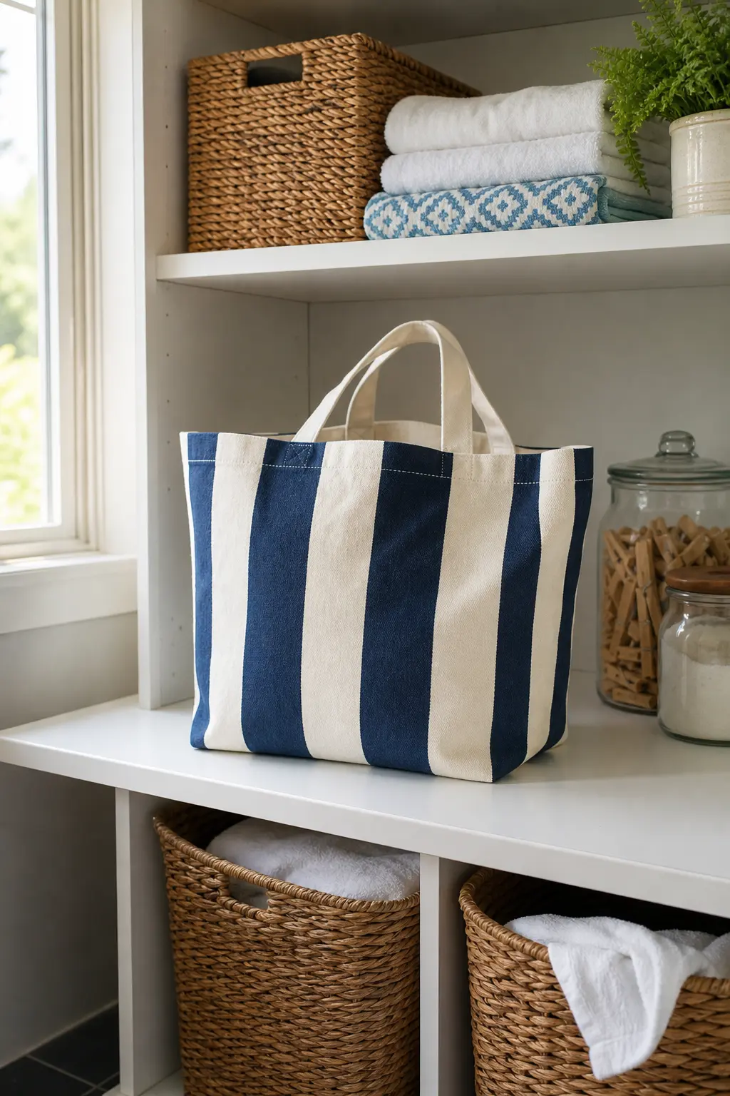 Painter's Tape Stripe Tote — Even-width strips of painter's tape run vertically down a white canvas bag, alternating strips left bare and painted solid navy.